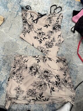 Floral Two-Piece Slip Dress Set - beige with Black Floral Print